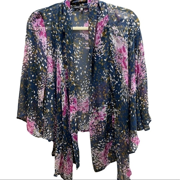Pure Sugar 100% Silk Gray & Pink Kimono Wrap w/ Sleeves Open Front Sz XS - Picture 2 of 10